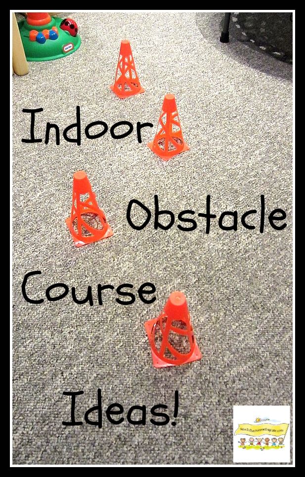 an indoor obstacle course with orange cones on the floor and toys in the background that says, indoors obstacle course ideas