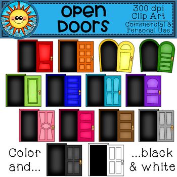 an open door poster with different colors and black and white doors on it's sides