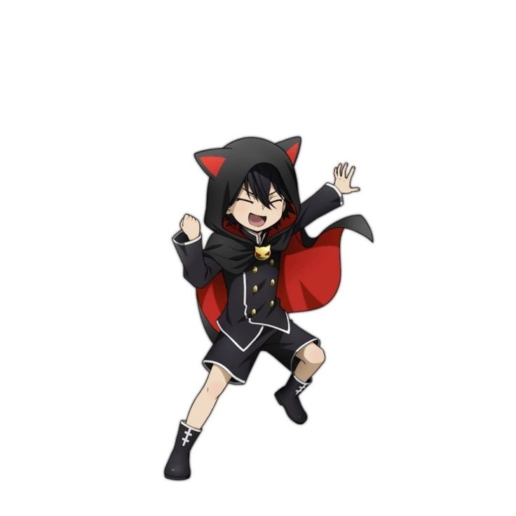 an anime character with black hair and red cape flying through the air, while wearing a cat