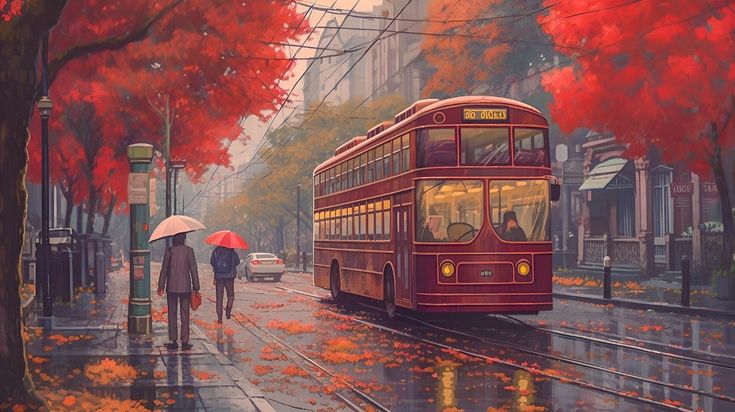 a painting of two people walking down the street with an umbrella and a red double decker bus