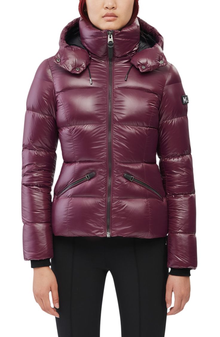 Designed with a signature sleek fit and full functionality, this down puffer jacket features lined zip pockets and an adjustable storm visor to keep out cold. Timeless tiers and a lustrous high-shine finish mean you'll actually feel stylish wearing it, while a removable hood gives you options. Lined, with down fill 100% nylon Dry clean Imported Designer Down Puffer Jacket With Detachable Hood, Fitted Luxury Down Puffer Jacket, Luxury Fitted Down Puffer Jacket, Designer Fitted Puffer Jacket With Padded Collar, Fitted Designer Puffer Jacket With Padded Collar, Trendy Fitted Down Puffer Jacket, Designer Fitted Puffer Jacket, Trendy Fitted Puffer Jacket With Detachable Hood, Luxury Fall Puffer Jacket With Double-lined Hood