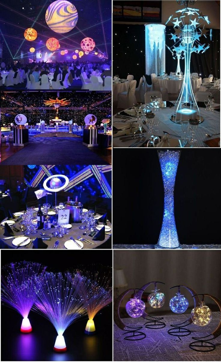 several different pictures with lights and decorations in the shape of vases, trees, and stars