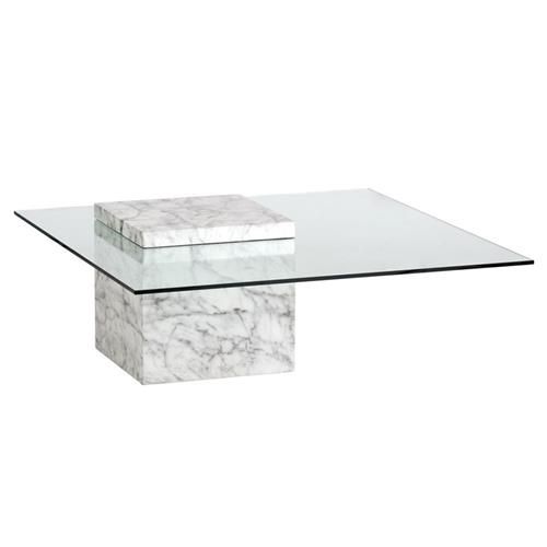 a white marble and glass coffee table with an open box on the top that is shaped like a rectangle