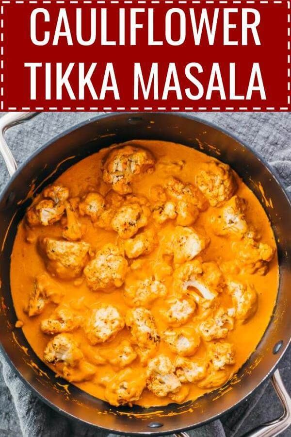 cauliflower tikka masala in a skillet with the title overlay