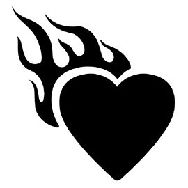 a black and white heart with flames on it