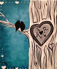 a painting of two birds on a tree with hearts