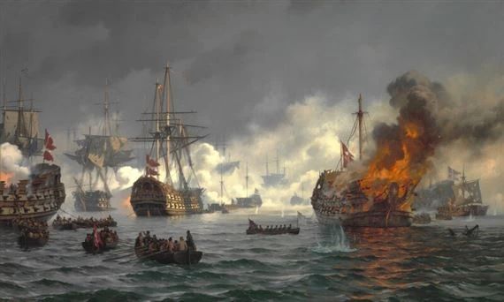 a painting of ships on fire in the ocean