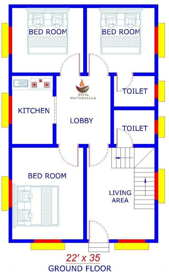 a blueprinted floor plan for a house with two rooms and an attached bathroom