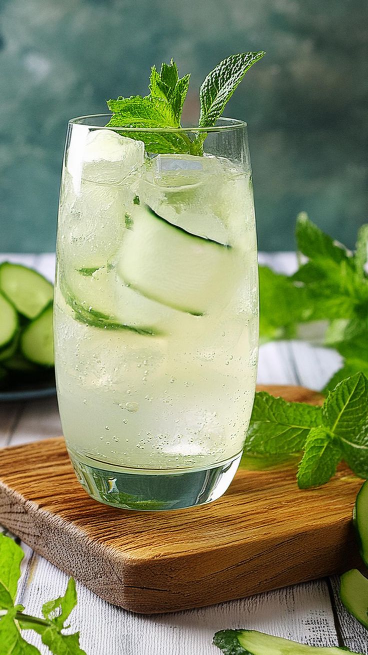 cucumber and mint water in a glass on a cutting board