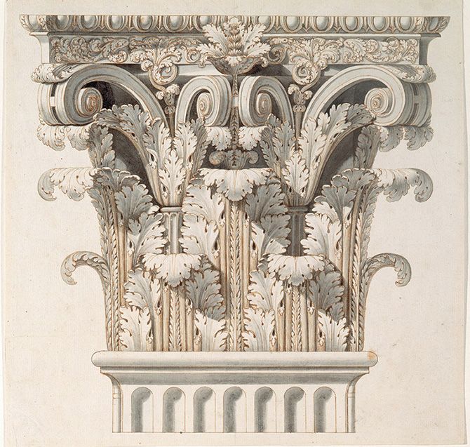 an architectural drawing of a corinch with flowers and leaves on the top part of it