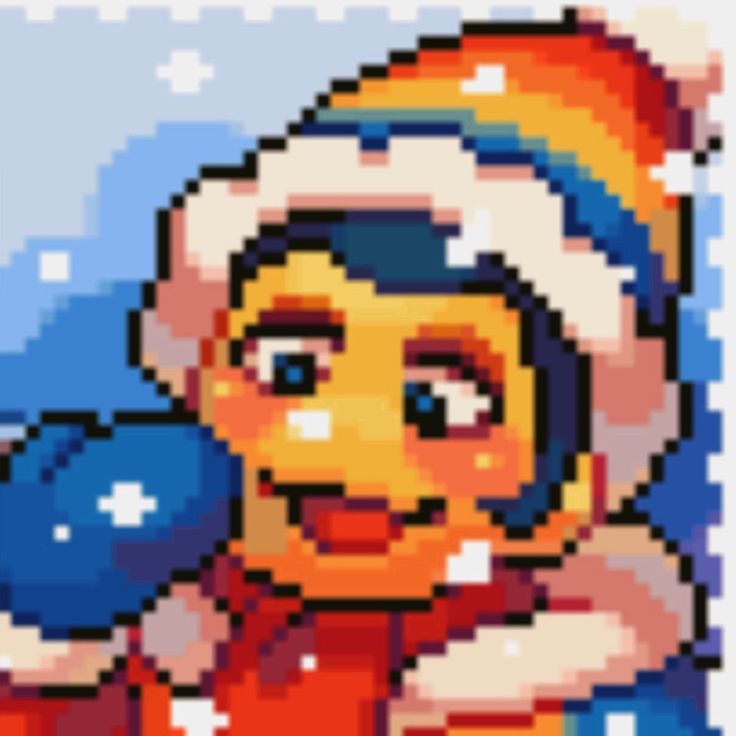 an image of a pixelated santa clause holding a blue ball in his hand and smiling at the camera