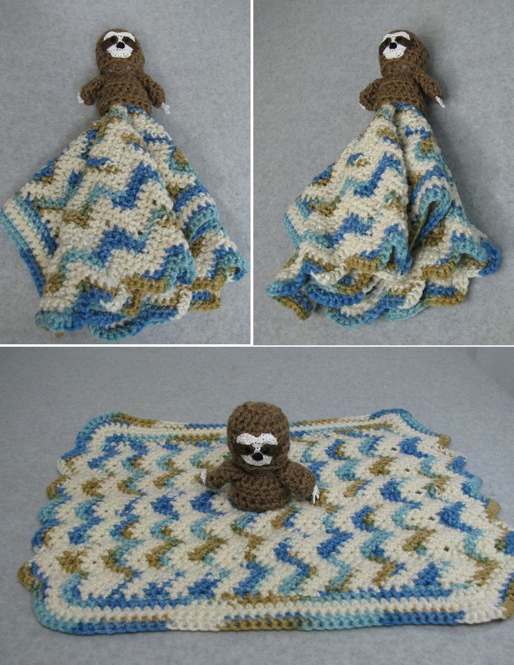 crocheted baby blanket with stuffed animal on top, and two pictures of the same blanket