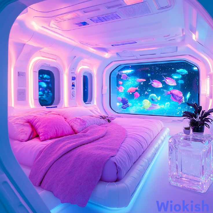 a bed with pink sheets and pillows in front of a window that looks like an aquarium