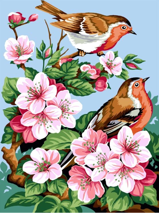 two birds are sitting on the branch of a flowering tree