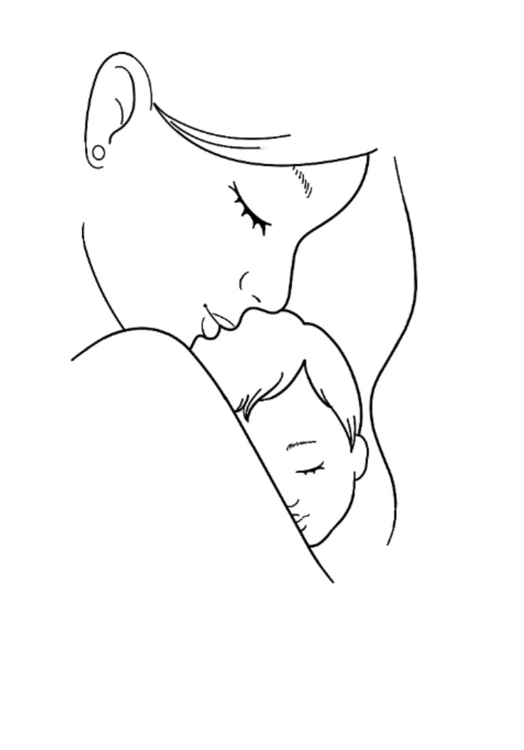 a black and white drawing of a mother holding her baby in her arms, with the child's head resting on her breast