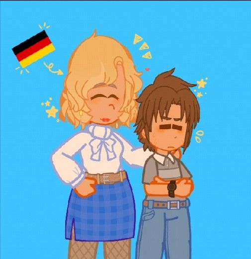 two people standing next to each other in front of a blue background with the german flag