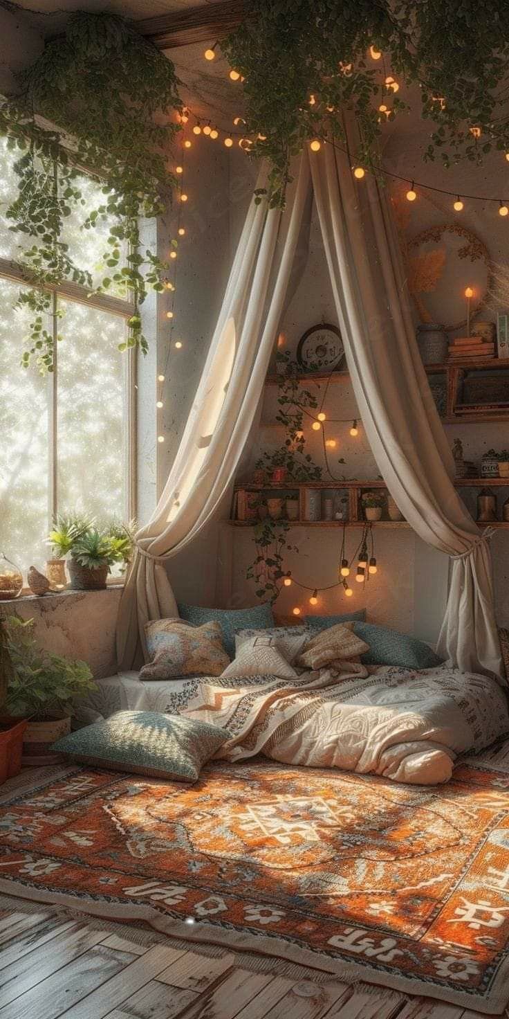 a bedroom with lots of lights hanging from the ceiling and plants growing on the wall