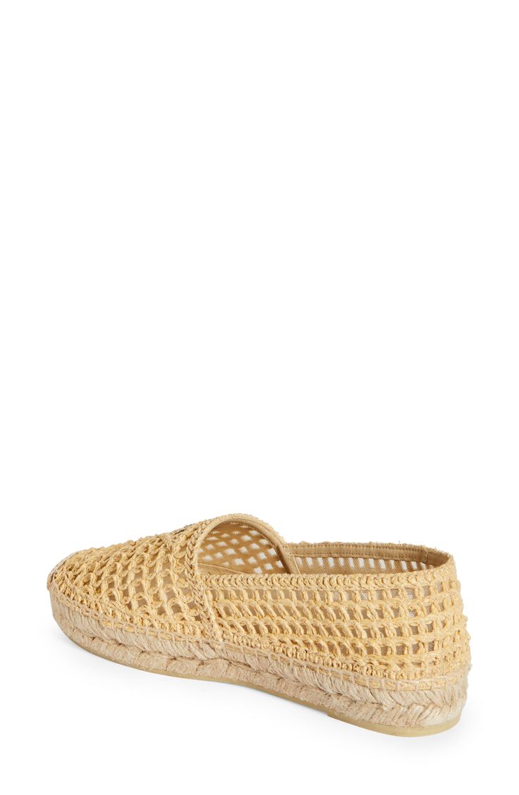 A fishnet-inspired raffia overlay brings breezy charm to this espadrille that merges laid-back style and elevated detailing. 1/2" platform (size 39) Synthetic upper/leather lining/synthetic sole Made in Spain Women's Designer Shoes Vacation Woven Leather Slip-on Espadrilles, Woven Slip-on Espadrilles For Vacation, Natural Woven Straw Espadrilles, Casual Woven Flat Heel Espadrilles, Casual Woven Espadrilles With Flat Heel, Casual Woven Flat Espadrilles, Casual Jute Espadrilles With Woven Details, Casual Woven Jute Espadrilles, Woven Straw Espadrilles With Round Toe