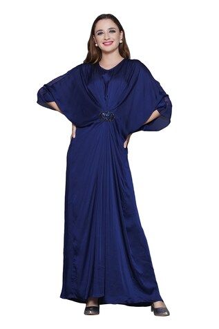 Blue draped maxi kaftan crafted in modal satin, organza with sequin-beads embellished patchwork on the waist and pleats detailing. - Aza Fashions Blue Maxi Length Evening Abaya, Evening Kaftan With Draped Cape Sleeves, Elegant Blue Evening Kaftan, Silk Kaftan For Evening, Satin Maxi Length Evening Kaftan, Evening Satin Maxi Kaftan, Evening Satin Maxi Length Kaftan, Party Georgette Maxi Kaftan, Party Georgette Kaftan In Maxi Length