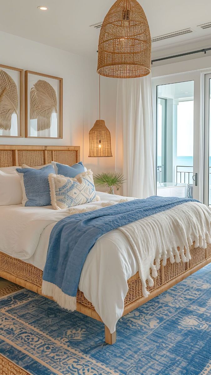 a bed with blue and white pillows in a bedroom next to an ocean view window