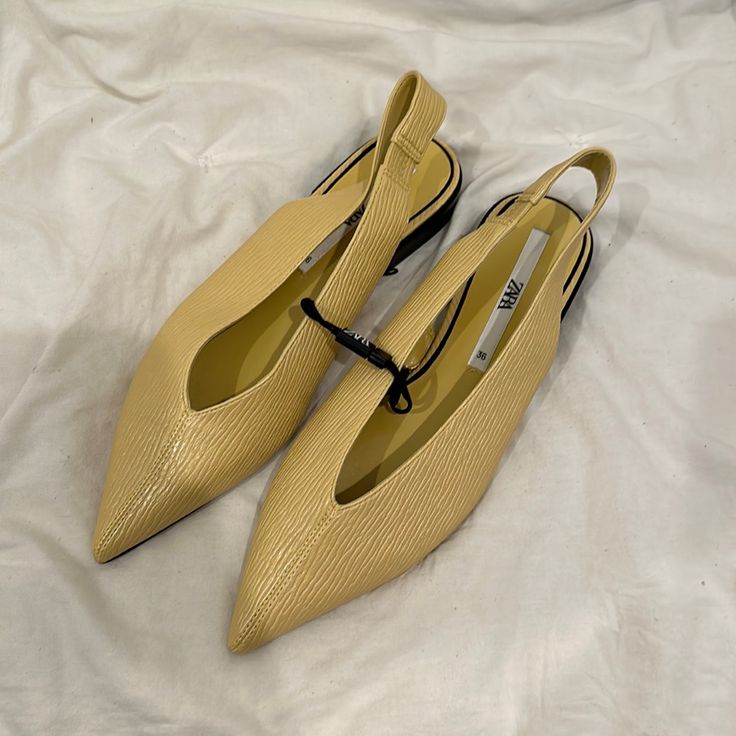 Nwot Cute Yellow Zara Sling Back Shoes! Pointed Toe. Perfect For Summer. Size 36 = 6. Smoke Free, Pet Free Home! Heel Is 1” Beige Pointed Toe Slingback Sandals, Slip-on Flat Heel Slingback Sandals For Spring, Casual Beige Pointed Toe Slingback Sandals, Beige Flat Slingback Pumps For Summer, Flat Beige Slingback Pumps For Spring, Beige Flat Slingback Pumps For Spring, Casual Slingback Pumps With Pointed Toe, Beige Pointed Toe Slingback Pumps, Beige Pointed Toe Slip-on Sandals