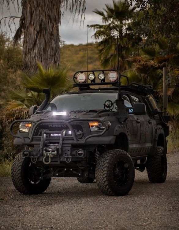 a black truck parked on the side of a road next to trees and bushes with lights on top