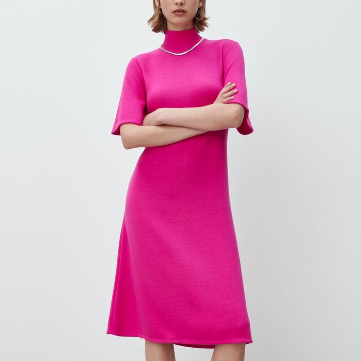 Genuine Zara New With Tag Color: Bright Pink Soft & Comfortable With Flared Sleeves & Aline Silhouette. Wear To Work Then Dinner Date Afterwards Chic Short Sleeve Winter Dresses, Zara High Neck Midi Dress For Spring, Pink Midi Dress For Winter, Casual Short Sleeve Midi Dress For Winter, Feminine Zara Dresses For Fall, Zara High Neck Spring Dress, Pink Stretch Midi Dress For Work, Winter Pink Midi Dress, Feminine Short Sleeve Midi Dress For Fall