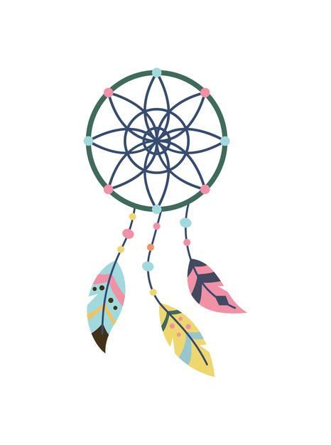 a colorful dream catcher with feathers hanging from it's side on a white background