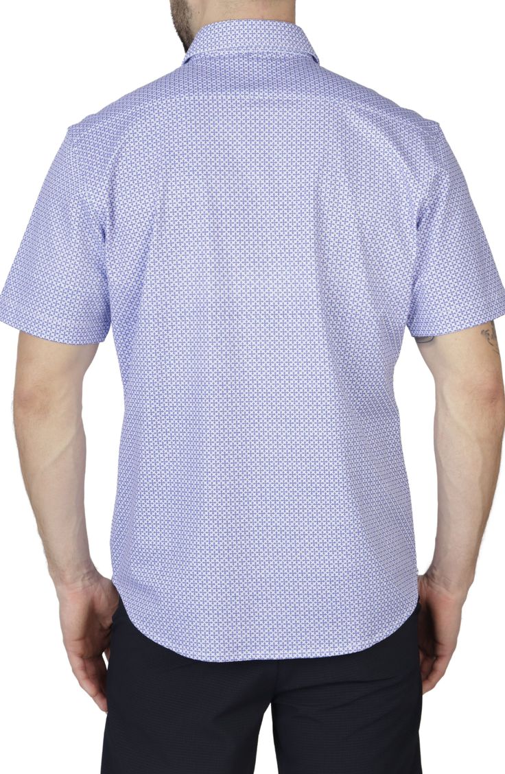 A button-up shirt crafted from breathable cotton keeps you feeling and looking cool on days where bold geometric print adds extra style points. Spread collar Short sleeves Front button placket 100% cotton Machine wash, tumble dry Imported Purple Printed Shirt With Short Sleeves, Summer Cotton Tops With Geometric Pattern, Spring Patterned Short Sleeve Cotton Shirt, Purple Cotton Business Casual Shirt, Blue Collared Shirt With Geometric Pattern, Casual Collared Top With Geometric Pattern, Casual Collared Tops With Geometric Pattern, Business Casual Purple Cotton Shirt, Blue Geometric Pattern Collared Shirt