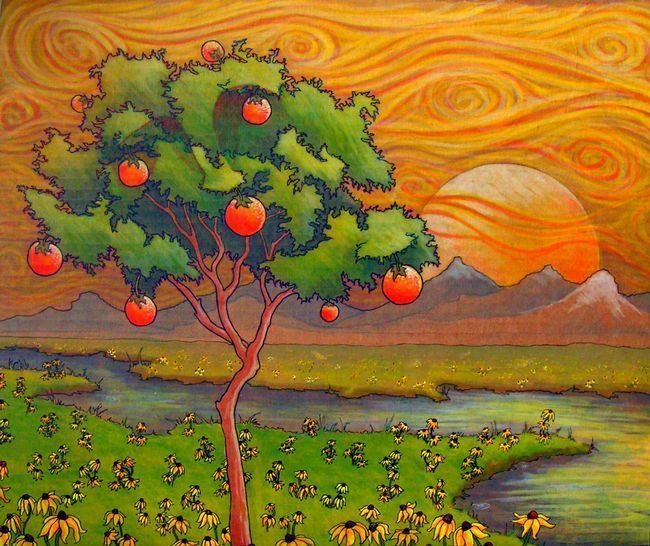 a painting of an apple tree with apples on it and mountains in the background at sunset