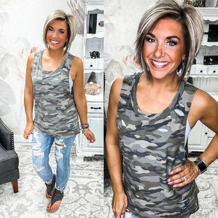 Let Me Be Distressed Tank - Camo Distressed Sleeveless Tank Top For Summer, Casual Distressed Tank Top, Sleeveless Camouflage Cotton Top, Casual Camouflage Sleeveless Top, Casual Camouflage Tank Top For Summer, Sleeveless Camouflage Top For Spring, Casual Camouflage Tank Top, Rachel Clark, Styling Guide