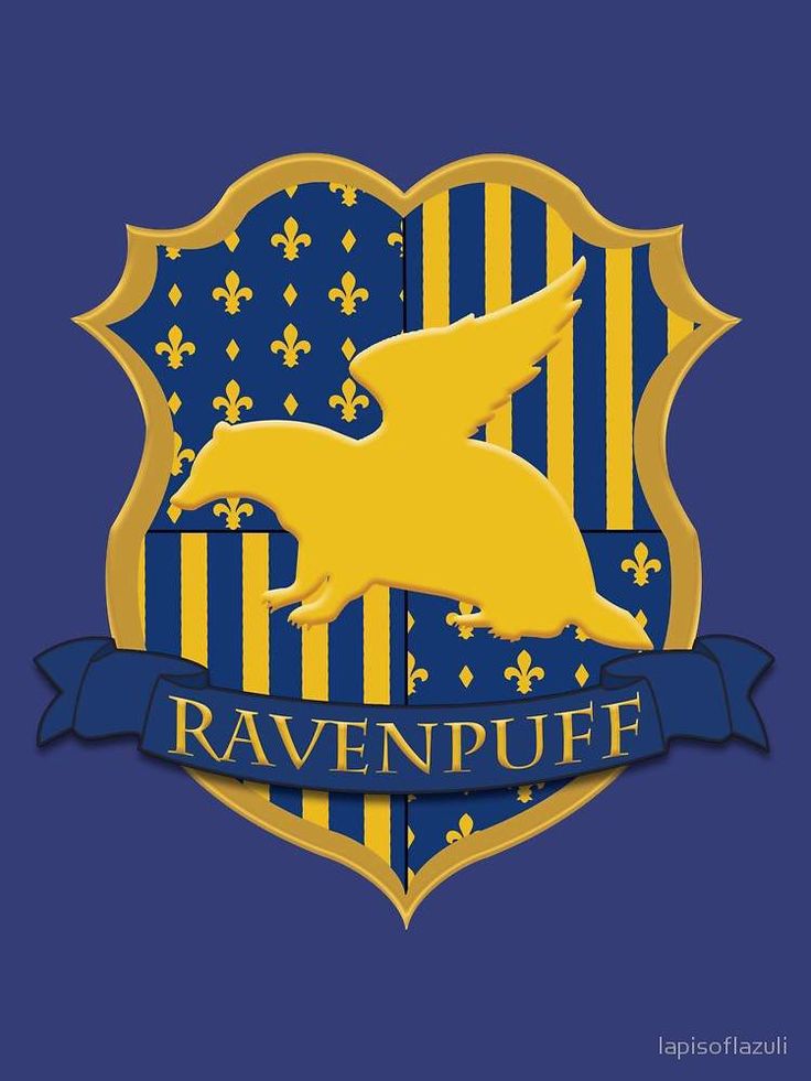 the ravenpufe crest on a blue and yellow striped background