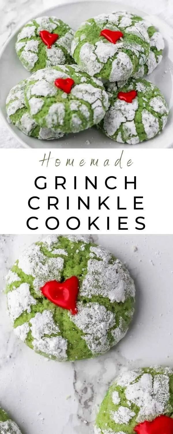 green crinkle cookies with white powdered sugar on top and red hearts in the middle