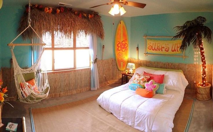 a bedroom with a hammock bed and palm trees