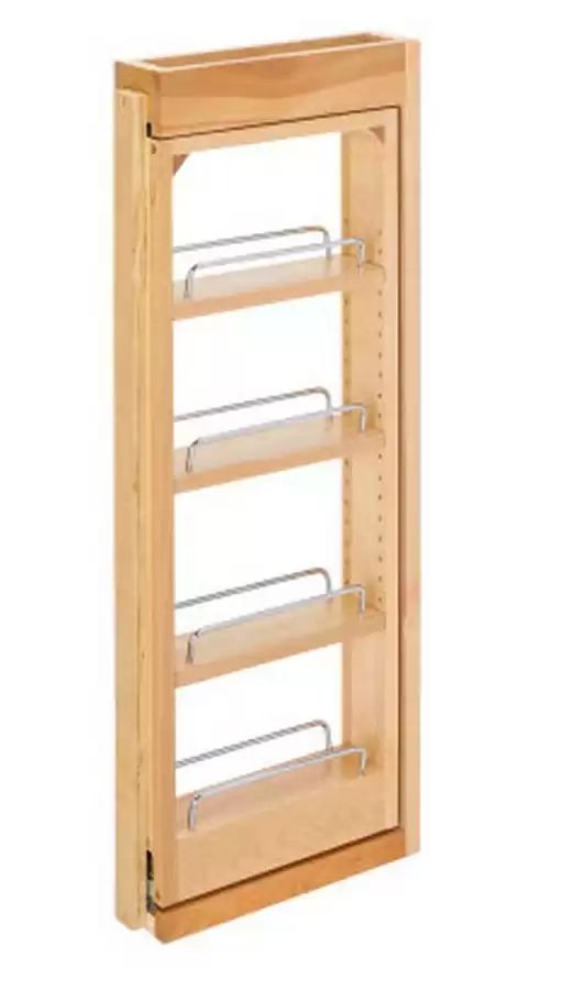 a wooden cabinet with four shelves and metal racks on the bottom, in front of a white background