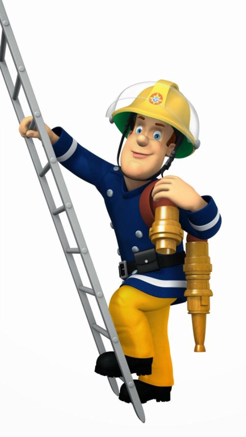 a cartoon fireman climbing up the side of a ladder holding a drill and wearing a hard hat