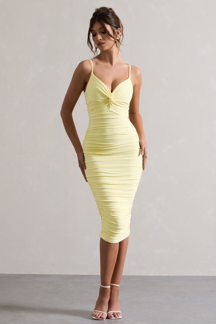 Desired | Lemon Knot Detail Ruched Midi Dress Evening Cocktails, Sweet Lemon, Birthday Brunch, Yellow Midi Dress, Minimal Look, Ruched Midi Dress, Evening Cocktail, Good Stretches, Lemon Yellow