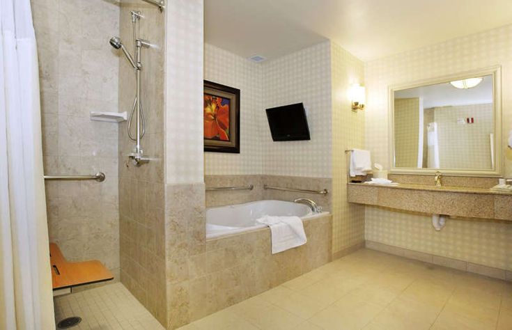 a bathroom with a tub, television and mirror