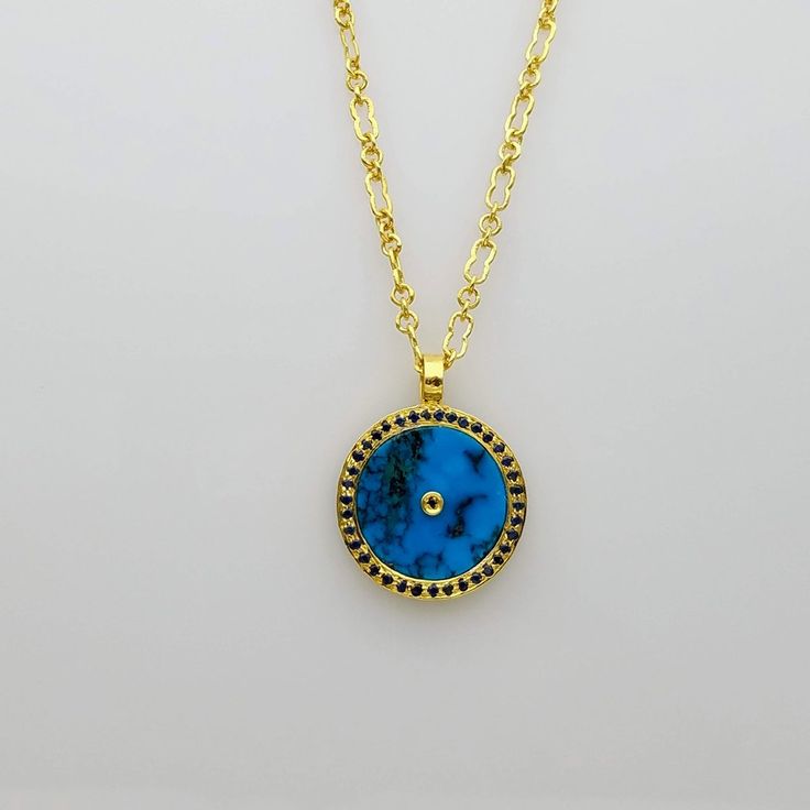 SIGNATURE TURQUOISE GOLD NECKLACE Luxury Blue Medallion Jewelry, Blue Medallion Jewelry With Adjustable Chain, Turquoise Round Gold-plated Jewelry, Turquoise Gold-plated Round Jewelry, Luxury Turquoise Round Necklace, Luxury Round Turquoise Necklace, Blue Round Pendant Jewelry, Tarnish Resistant, Elegant Turquoise Chain Necklace Gift, Luxury Yellow Gold Turquoise Necklace