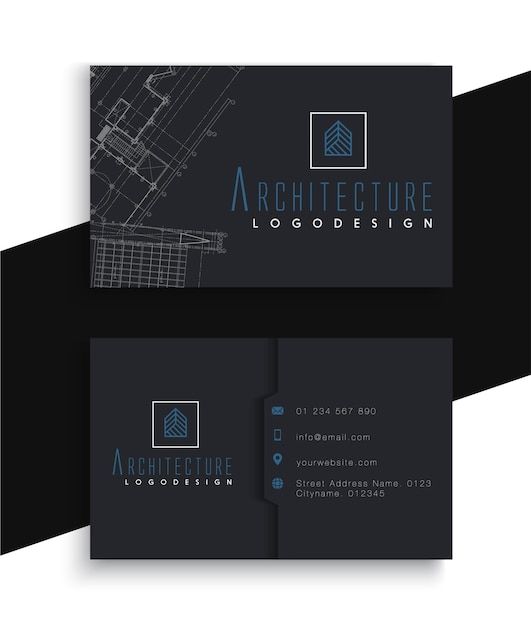 a black and blue business card with an architectural logo on the front, side and back