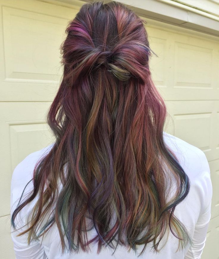 Subtle Streaks Of Color In Hair, Professional Fun Hair Color, Subtle Funky Hair Color, Alternate Hair Color, Bright Colored Hair For Brunettes, Subtle Bright Colored Hair, Touch Of Color Hair, Partial Vivid Hair, Hidden Vivid Hair Color