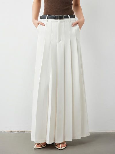 Cotton Creamy Pleated Maxi Skirt – COMMENSE Fitted A-line Elastane Bottoms, Summer Workwear Full-length Maxi Skirt, Summer Workwear Maxi Skirt, Summer Full Length Maxi Skirt For Workwear, White A-line Formal Bottoms, Spring High Waist Elastane Maxi Skirt, White Fitted A-line Bottoms, Pleated Stretch A-line Bottoms, High Waist Pleated Stretch Maxi Skirt