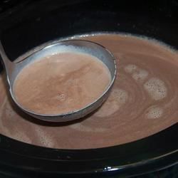 a spoon in a crock pot filled with hot chocolate