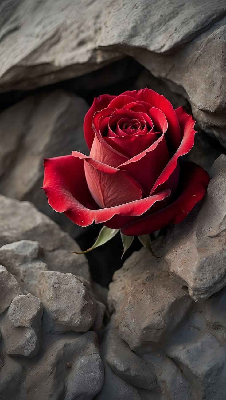 a red rose sitting in between some rocks