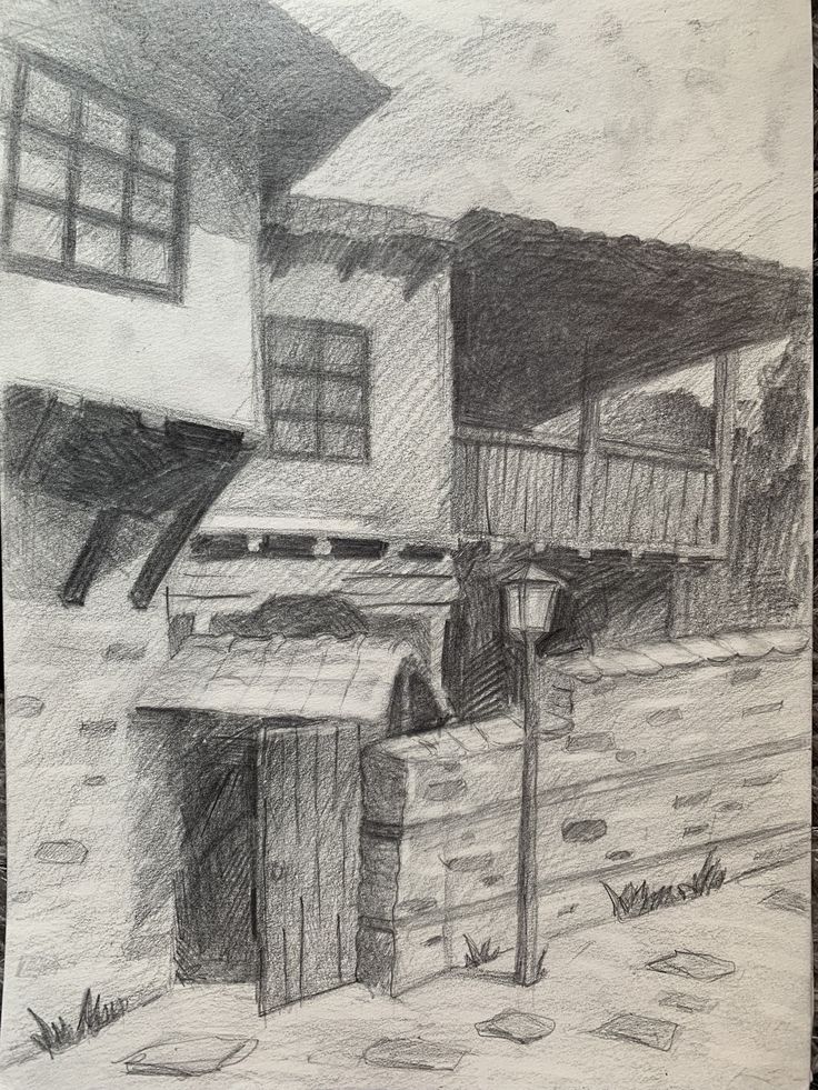 a pencil drawing of a house with stairs leading up to it