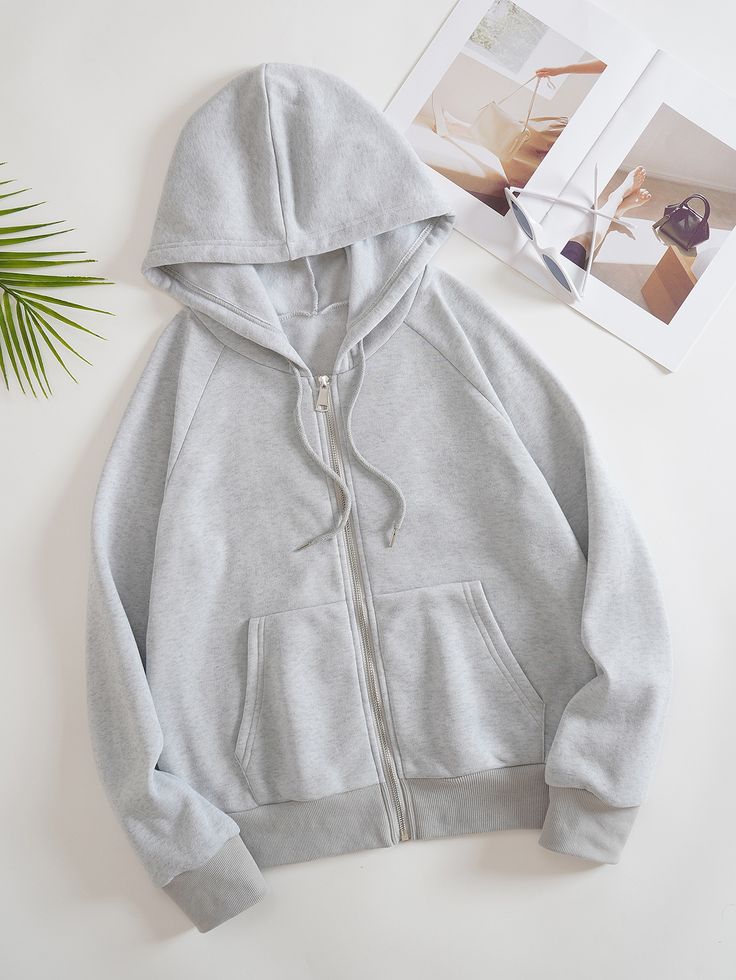 Light Grey Casual Collar Long Sleeve Fabric Plain Zip Up Embellished Medium Stretch  Women Sweatshirts Drawstring Coat, Grey Jacket Women, Cute Jumpers, Women Sweatshirts, Lined Hoodie, Hoodie Girl, Drawstring Hoodie, Casual Coat, Plus Size Casual