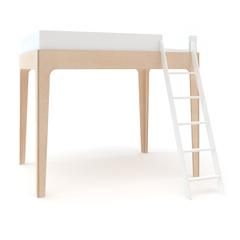 a white ladder is next to a wooden table with a bed on top and bottom