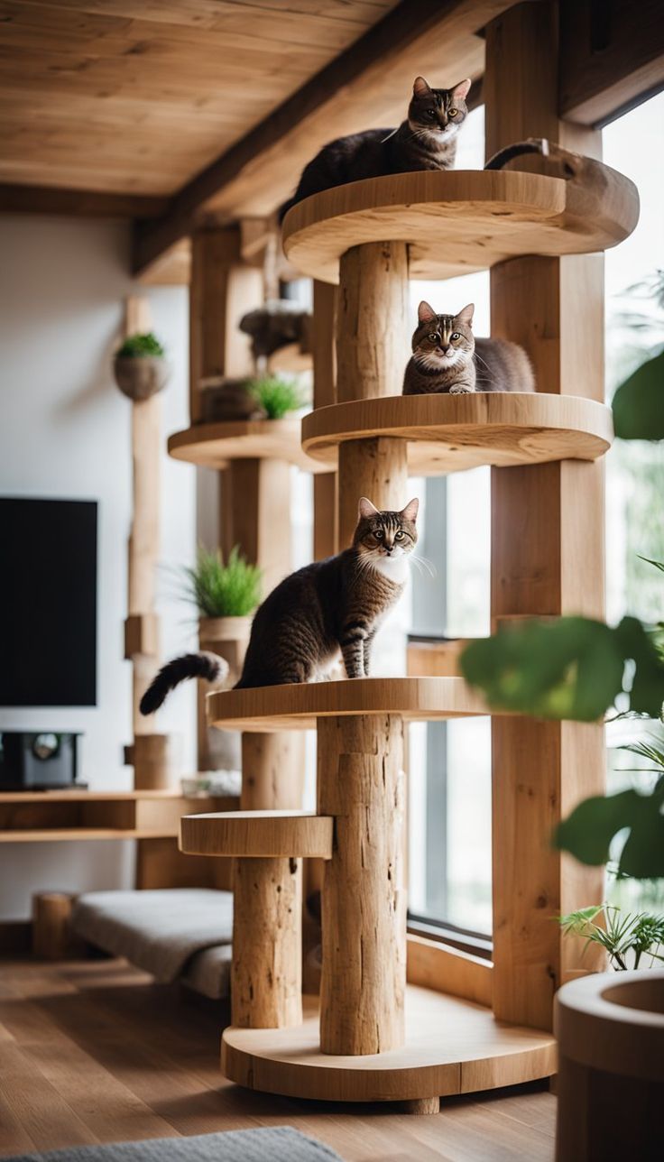 two cats sitting on top of wooden shelves in a living room next to a window