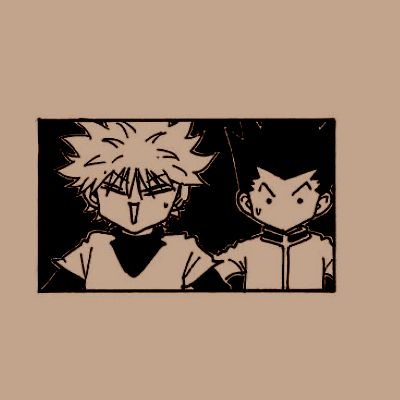 an image of two anime characters looking at each other in black and white on a brown background