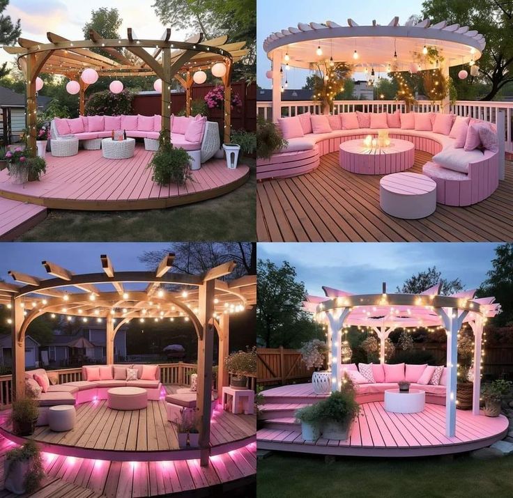 an outdoor patio with pink furniture and lights